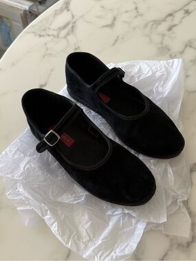 Vibi Venezia Black Suede Mary Jane Flats with Buckle Strap